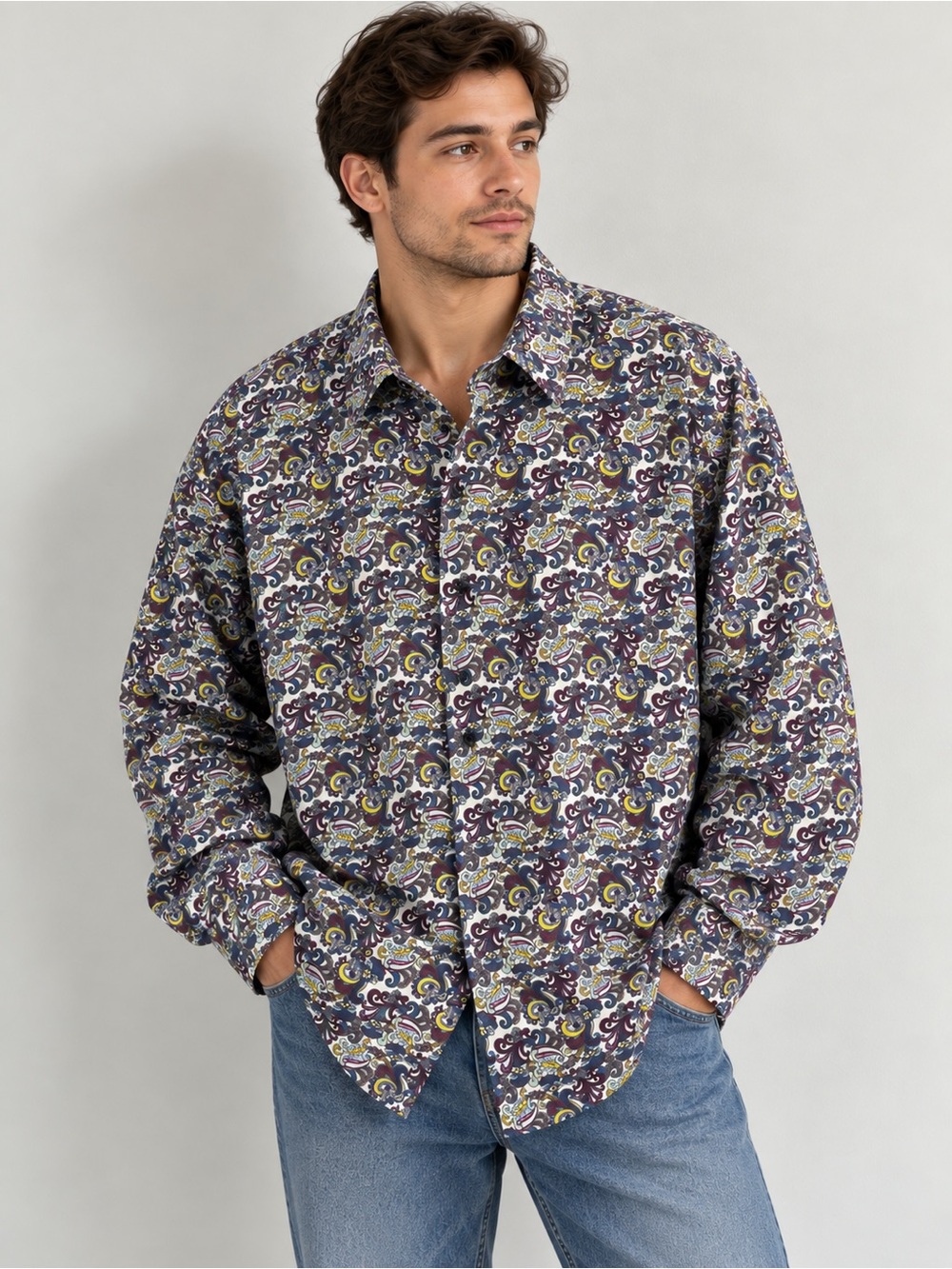Paul Fredrick Purple Paisley-Print Long-Sleeve Button-Down Shirt